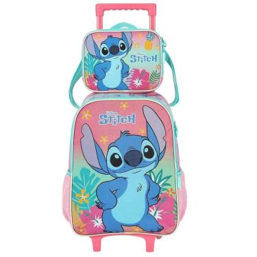 Imagem de Kit Mochila Rodinha Lancheira Luxcel Stitch Floral Rosa