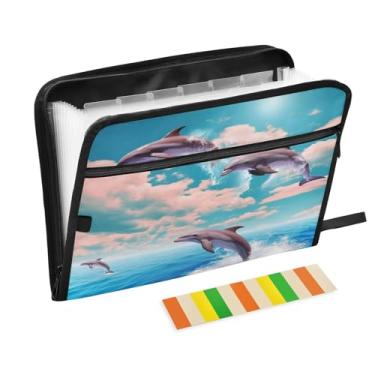 Imagem de Wassud Jumping Dolphins (2) Organizador de arquivos sanfonado com 13 bolsos com abas e adesivos, organizador de pastas de documentos de recibo de papel tamanho carta A4 para viagens de escritório