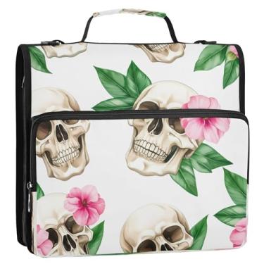 Imagem de Wassud Caveiras com flores, fichário com zíper, 3 anéis com alça de ombro e alça Trapper Keeper, vários bolsos, organizador de pastas expansíveis