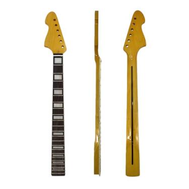 Imagem de YoungMonic Substituição de pescoço para guitarra elétrica de bordo canhoto com tinta amarela brilhante, escala de 22 trastes de pau-rosa de 64,8 cm com bloco de encadernação branco embutido, parafuso