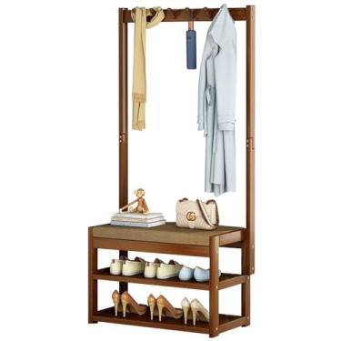 Imagem de A1DFDFGOQSFG Árvore de salão resistente com banco, suporte de cabide com 5 ganchos e sapateira de 2 níveis, sapateira de madeira independente e cabideiro com prateleira e ganchos para corredor, fácil