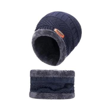 Imagem de Gorro De Inverno Masculino Com Forro De Fleece, Cachecol De Lã Grosso,