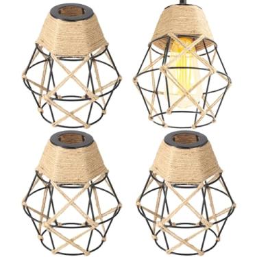 Imagem de Abajur pendente de 4 peças, abajur de gaiola de metal em forma de diamante com corda de cânhamo, 17 cm A, abajur boho retrô vintage DIY para soquete E27, preto