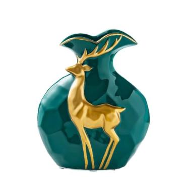 Imagem de Vaso de cerâmica de veado dourado moderno com flores frescas, decoração simples, sala de estar, armário de TV, armário de vinho, arranjo de flores, vaso decorativo adequado para uso interno