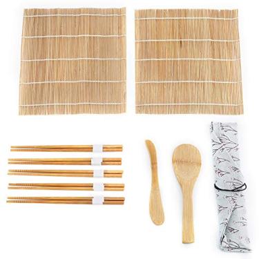 Imagem de Kit de fabricação de sushi, 9 peças/conjunto de fabricação de sushi de bambu, máquina de bazuca de sushi inclui 2 tapetes de rodas, 5 hashis, 1 raquete 1 lâmina de sushi