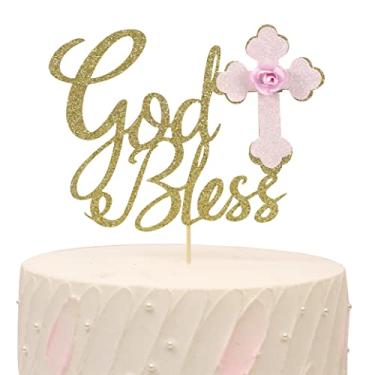 Imagem de Enfeite de bolo Girl God Bless – Enfeite de bolo de batismo com cruz, topo de bolo dourado com glitter para primeira comunhão, batismo religioso, decoração de lembrança de dedicação infantil