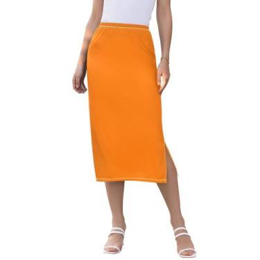 Imagem de CHIFIGNO Saia feminina comprimento midi elegante saia midi cintura alta saias midi para coquetel festa casamento, Sol laranja, P