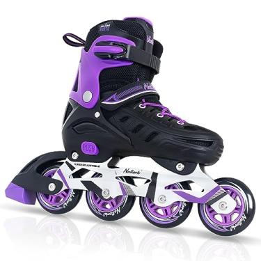 Imagem de Patins roxos em linha para meninas e mulheres, patins de 4 tamanhos de lâminas ajustáveis com suporte no tornozelo, alça ajustável, rodas de 90 mm e bota macia adequada para patinação, Roller Derby, hóquei de rua