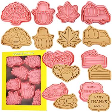 Imagem de Crethinkaty Conjunto de cortador de biscoito de Ação de Graças, 8 peças de cortadores de biscoito de plástico, frango assado, bolo, peru, abóbora, avelã, folha de bordo, carrinho com abóbora, feliz ação de graças