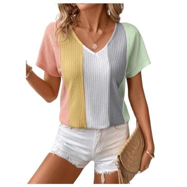 Imagem de SOLY HUX Camiseta feminina Color Block gola V manga curta verão, Bloco de cores multicolorido, G