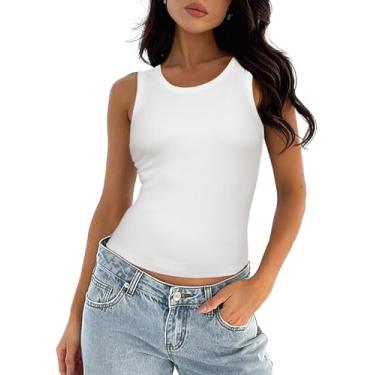 Imagem de Darong Camiseta regata feminina de verão sem mangas, listrada, gola redonda, canelada, básica, Todo branco, G