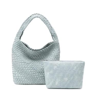 Imagem de Bolsa feminina de tecido jeans moderna feita à mão bolsa de ombro bolsa axila com carteira casual bolsa para trabalho e viagem, Azul claro