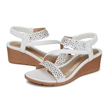 Imagem de TEMOFON Sandálias femininas estilosas: tira elástica no tornozelo com bico aberto no verão - Sandálias de flores boêmias confortáveis - Sandália de plataforma baixa, 2676-branco, 37