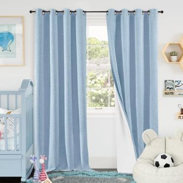 Imagem de Cortinas blecaute de linho azul bebê para berçário, conjunto de 2 painéis de 2 painéis, isolamento térmico, boho, total blackout, redução de ruído, cortinas de janela Bonzer para quarto de crianças,
