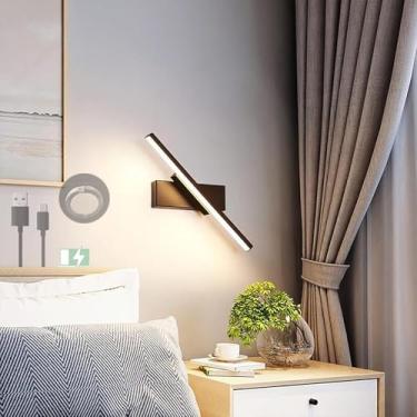Imagem de Lâmpada de parede com interruptor sensível ao toque recarregável por USB giratório 330° LED luz de parede ajustável iluminação de parede de metal operada por bateria lâmpada de leitura minimalista