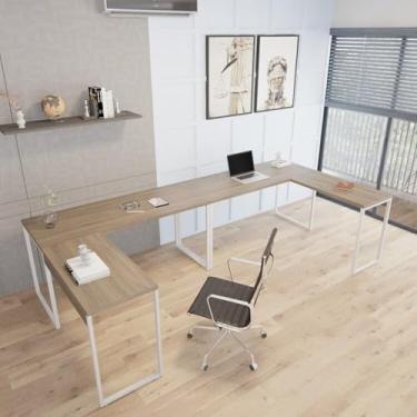 Imagem de Kit 2 Mesas de Escritório em L Estilo Industrial 1,50mx1,50m Kuadra Nogal/Branco