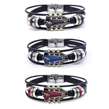 Imagem de DivaGlamz Conjunto de 3 pulseiras masculinas de couro retrô, trançadas feitas à mão, de liga de zinco, rock, música, rock, exclusivas, estilo punk, joias para presentes, Large, Aço inoxidável, Sem