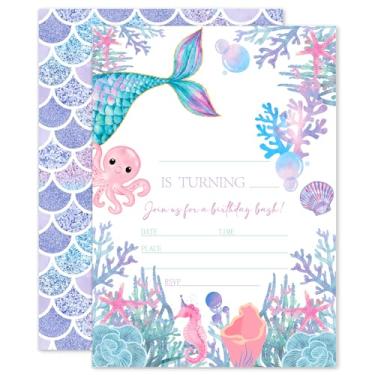 Imagem de FYSUIMU 25 conjuntos de convites de festa de aniversário com tema de sereia com envelopes adesivos sob o mar Marine Fill-In Convites Cartões para chá de bebê de aniversário