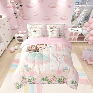 Imagem de Manfei Jogo de cama casal de 7 peças, bailarina kawaii e unicórnio, estampa de flores em aquarela em uma bolsa com edredom, lençol de cima, lençol de cima e fronhas
