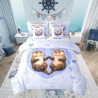 Imagem de Jogo de cama romântico com desenho animado de lontra, desenho de 7 peças, para meninos e meninas, estrela do mar, animal fofo do oceano (edredom + lençol de cima + 2 fronhas + 2 fronhas de travesseiro