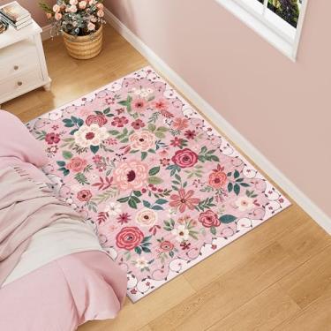 Imagem de DUKINO Tapete de área 3x4, tapete floral leve antiderrapante lavável, tapetes internos com design boho para quarto, cozinha, sala de jantar, rosa