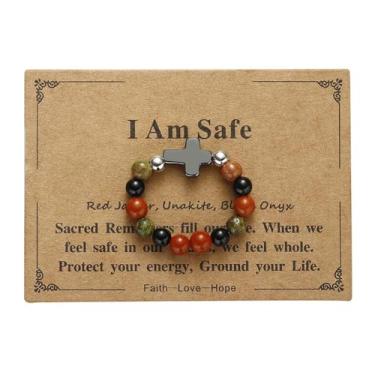 Imagem de oasymala Anel de pedra natural para mulheres – Joias de contas elásticas com cruz de hematita, design pronto para presente, Pedra, Sem pedra preciosa