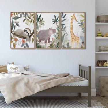 Imagem de Quadro Infantil Decorativo Diversão na Selva 3 Telas 60x90 Cm para Qua