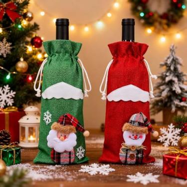 Imagem de Sacos de Natal para garrafas de vinho, sacos de presente com cordão de serapilheira para garrafas de licor, decoração de férias com design de boneco de neve e Papai Noel