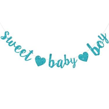 Imagem de BEISHIDA Faixa de bebê com glitter azul lago menino doce, sem faça você mesmo, faixa pré-amarrada de festa de gênero para chá de bebê, sinal de guirlanda de chá de bebê, decoração de primeiro segundo