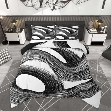 Imagem de Feelyou Conjunto de cama listrado preto e branco, macio para meninos e meninas, conjunto de edredom geométrico moderno, tamanho Queen, arte abstrata, minimalista, edredom de microfibra, decoração de
