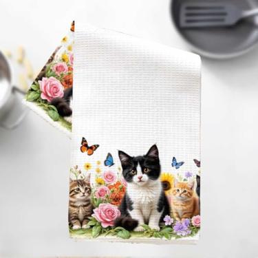 Imagem de Toalhas de cozinha de gato fofo de desenho animado, toalha de prato decorativa de microfibra absorvente de flores de borboleta, toalhas de mão de waffle para cozinha, casa, banheiro, presentes para