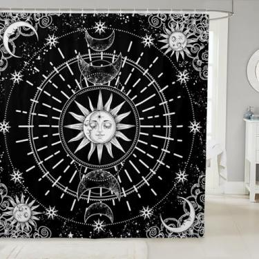 Imagem de Erosebridal Cortina de chuveiro sol e lua 182,88 cm L x 78 C psicodélico preto e branco boho mandala espaço galáxia estrelas cortina de banho para banheira, conjunto de cortinas exóticas boêmias com