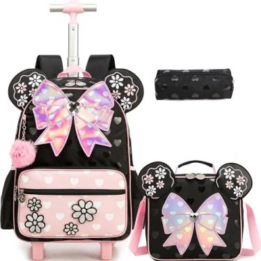 Imagem de Meetbelify Mochila com rodas para meninas com rodinhas linda mochila de mão bagagem infantil com lancheira estojo de lápis para estudantes do ensino fundamental