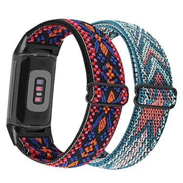 Imagem de Abanen Pacote com 2 faixas elásticas para Fitbit Charge 5, elástico de nylon macio bordado alça respirável com fecho ajustável para Fitbit Charge 5 Advanced Tracker (azul rosa - vermelho laranja)