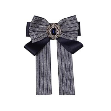 Imagem de Broche de laço de fita de strass grande para mulheres meninas moda retângulo cristal listrado grande laço pré-amarrado clipe de colarinho broches alfinetes de lapela cachecol vintage terno vestido