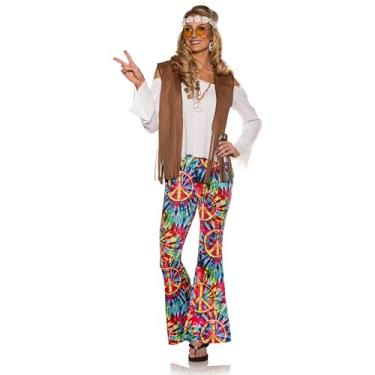 Imagem de UNDERWRAPS Fantasia feminina hippie boho - roupas femininas dos anos 70, conjunto de leggings com franjas e tie dye, fantasia de Halloween (PEQUENO 4-6)
