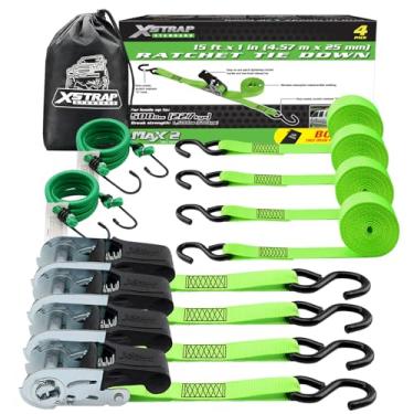 Imagem de XSTRAP STANDARD Correias de amarração catraca 4 unidades 15 pés 680 kg resistência à ruptura, tiras de carga para aparelhos móveis, equipamentos de gramado, motocicleta, inclui 2 cordas elásticas