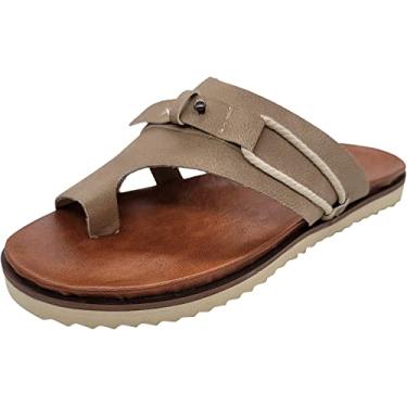 Imagem de Pantufas de couro para uso ao ar livre sapatos sandálias de cunha da moda, Caqui, 4