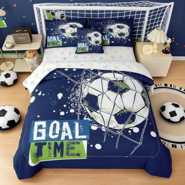 Imagem de Jogo de cama casal com tema de futebol azul, 6 peças, microfibra macia (1 edredom, 1 lençol de cima, 1 lençol com elástico, 2 fronhas e 1 fronha)