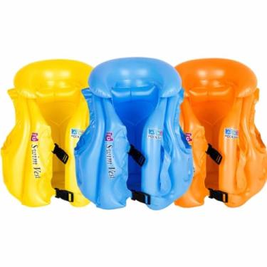 Imagem de Colete Inflável Infantil boia salva vidas Amarelo Azul Laranja com Fivelas de Segurança para Natação Piscina Praia flutuador segurança lazer aquático