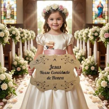 Imagem de Plaquinha Placa Casamento Lá Vem A Noiva MDF Personalizada Frases Entrada Noiva Pajem Daminha (Jesus nosso convidado de Honra, MDF Cru)