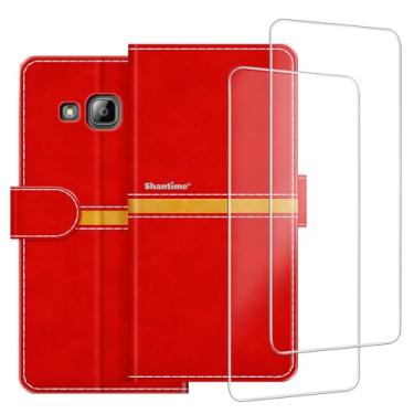 Imagem de ESACMOT Capa de celular compatível com Samsung Galaxy J3 2016 + [2 unidades] película protetora de tela, capa protetora magnética de couro premium para Samsung Galaxy J3 Pro (5 polegadas) vermelha