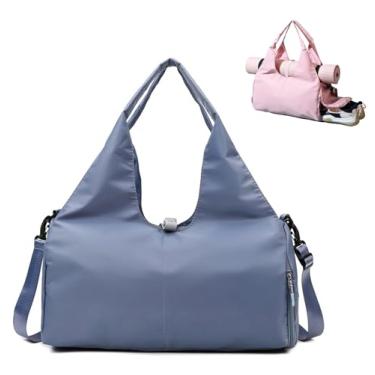 Imagem de Bolsa feminina Oxford para academia de ioga com compartimento para sapatos, grande capacidade, bolsa esportiva simplista para viagens e fitness, 6 opções de cores, 49 x 25 x 21 cm, Azul claro, Bolsa