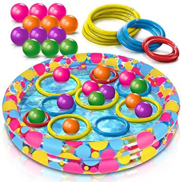 Imagem de Gamie Jogo De Lançamento De Argolas Flutuantes Para Crianças, Conjunto De Jogos De Carnaval Ao Ar Livre Com Piscina Inflável, Argolas Flutuantes E Bolas De Plástico Coloridas, Jogos Ao Ar Livre Para F