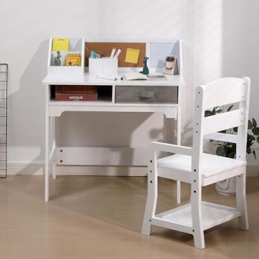 Imagem de Conjunto de mesa e cadeira infantil, mesa de estudo de madeira com caixas de armazenamento, estante, quadro de avisos e suporte de caneta, mesa de escrita para meninos e meninas, branco