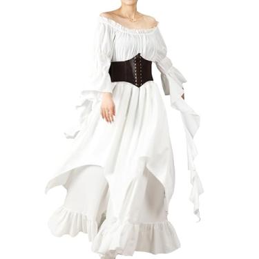 Imagem de nezababycos Vestido vitoriano renascentista para mulheres, fantasia gótica medieval de bruxa pirata vestido de quimise vestido de noiva, Branco, Large/X-Large