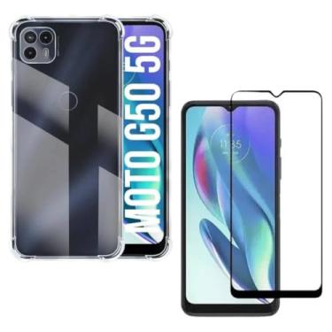 Imagem de Capa Capinha Anti Impacto + Película Premium 9D Cerâmica Para Moto G50 5G Tela De 6,5 Polegadas - (Bluepink)