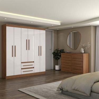 Imagem de Guarda-Roupa Solteiro Europa 6 Portas 2 Gavetas e Cômoda 6 Gavetas 100% Mdf Cinamomo/Off White - Panorama Móveis