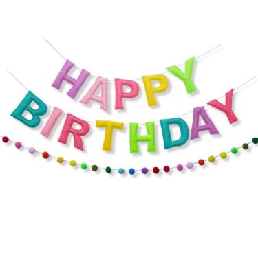 Imagem de Faixa de feliz aniversário arco-íris decorações de aniversário guirlanda bola de feltro pré-amarrado sinal de feliz aniversário para decorações de festa de aniversário para meninas e meninos