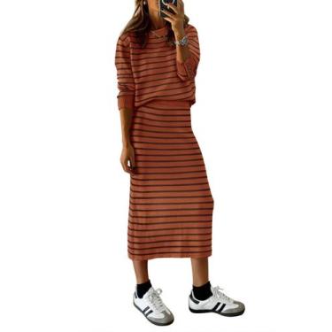 Imagem de Conjunto de Suéter e Saia Midi Listrada Vermelha PRETTYGARDEN - Moda F